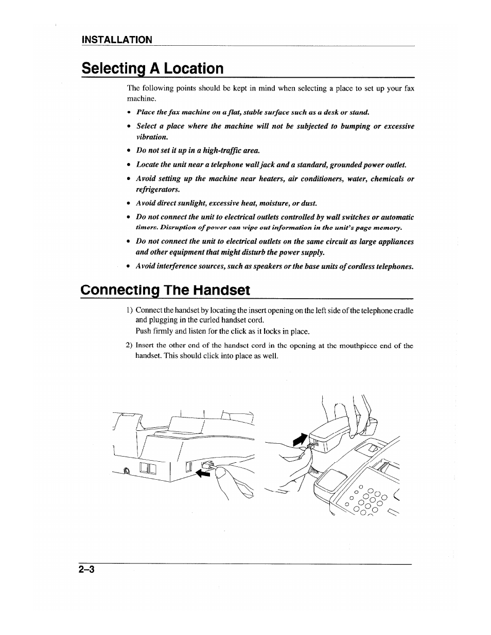 Selecting a location, Connecting the handset, Selecting a location -3 | Connecting the handset -3 | Brother INTELLIFAX 600 User Manual | Page 22 / 122