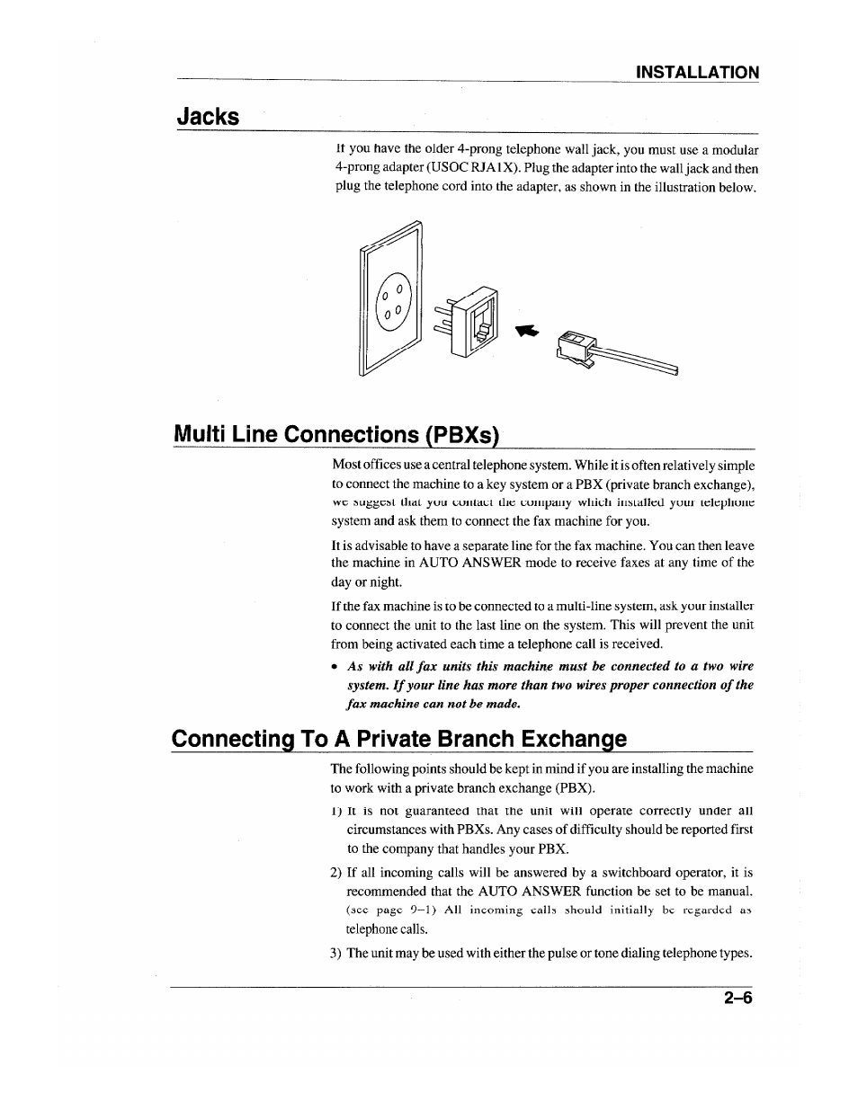Jacks, Multi line connections (pbxs), Connecting to a private branch exchange | Brother INTELLIFAX 600 User Manual | Page 25 / 122