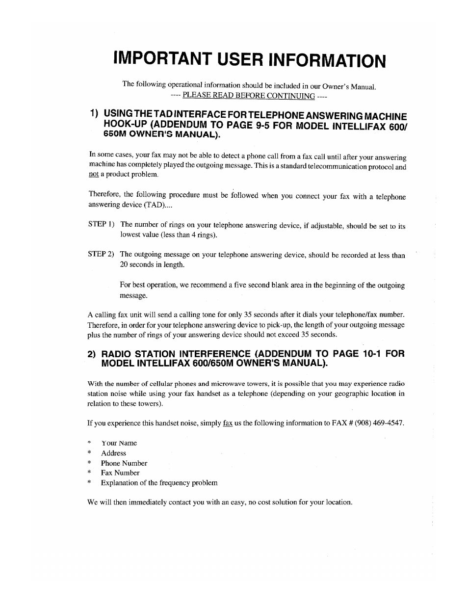 Important user information | Brother INTELLIFAX 600 User Manual | Page 4 / 122