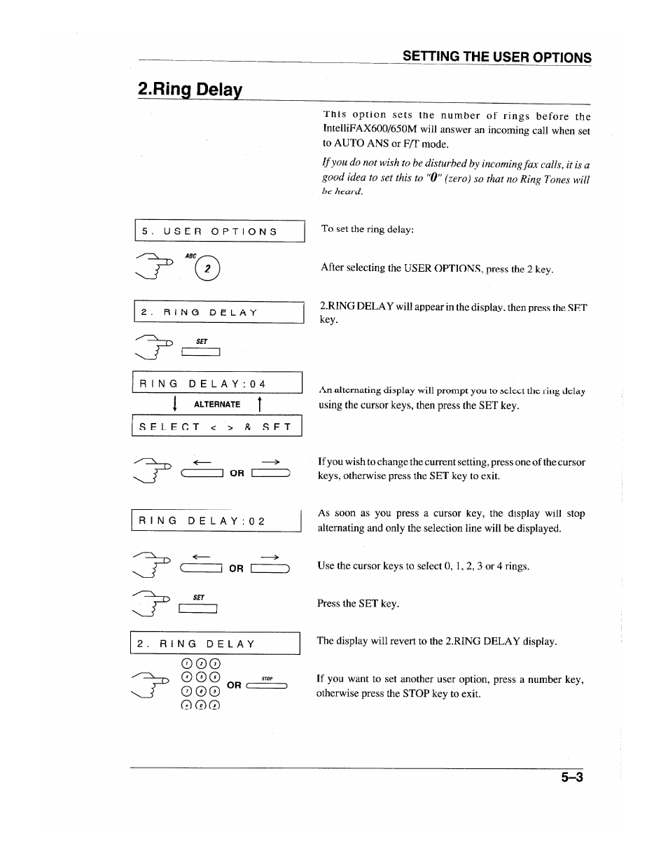 Ring delay, Setting the user options | Brother INTELLIFAX 600 User Manual | Page 45 / 122