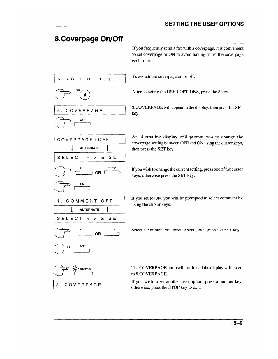 S.coverpage on/off, Setting the user options | Brother INTELLIFAX 600 User Manual | Page 51 / 122