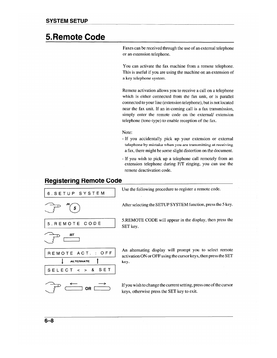 Remote code, Registering remote code, System setup | Brother INTELLIFAX 600 User Manual | Page 60 / 122