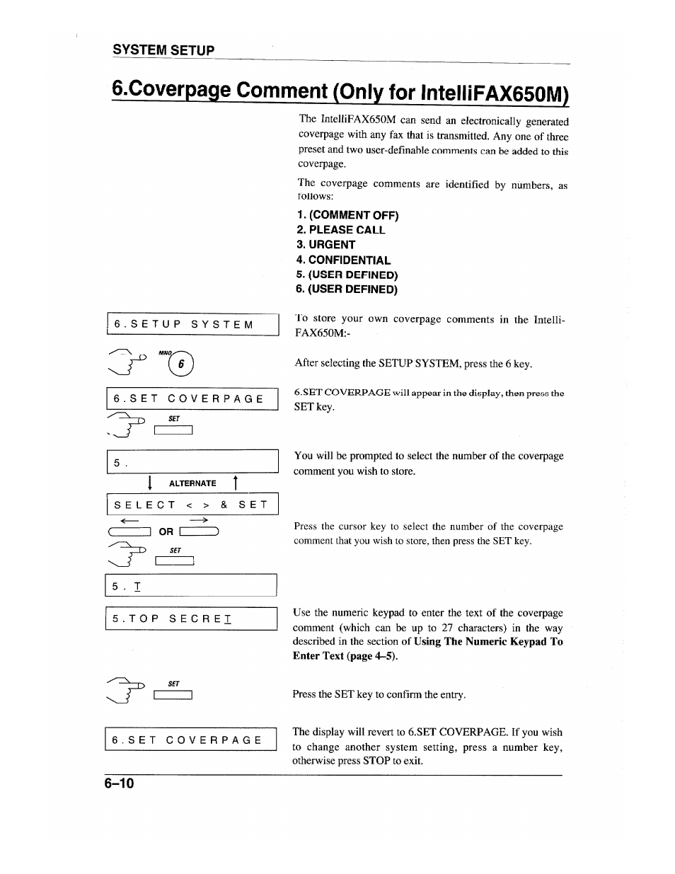 S.coverpage comment (only for lntellifax650m), System setup | Brother INTELLIFAX 600 User Manual | Page 62 / 122