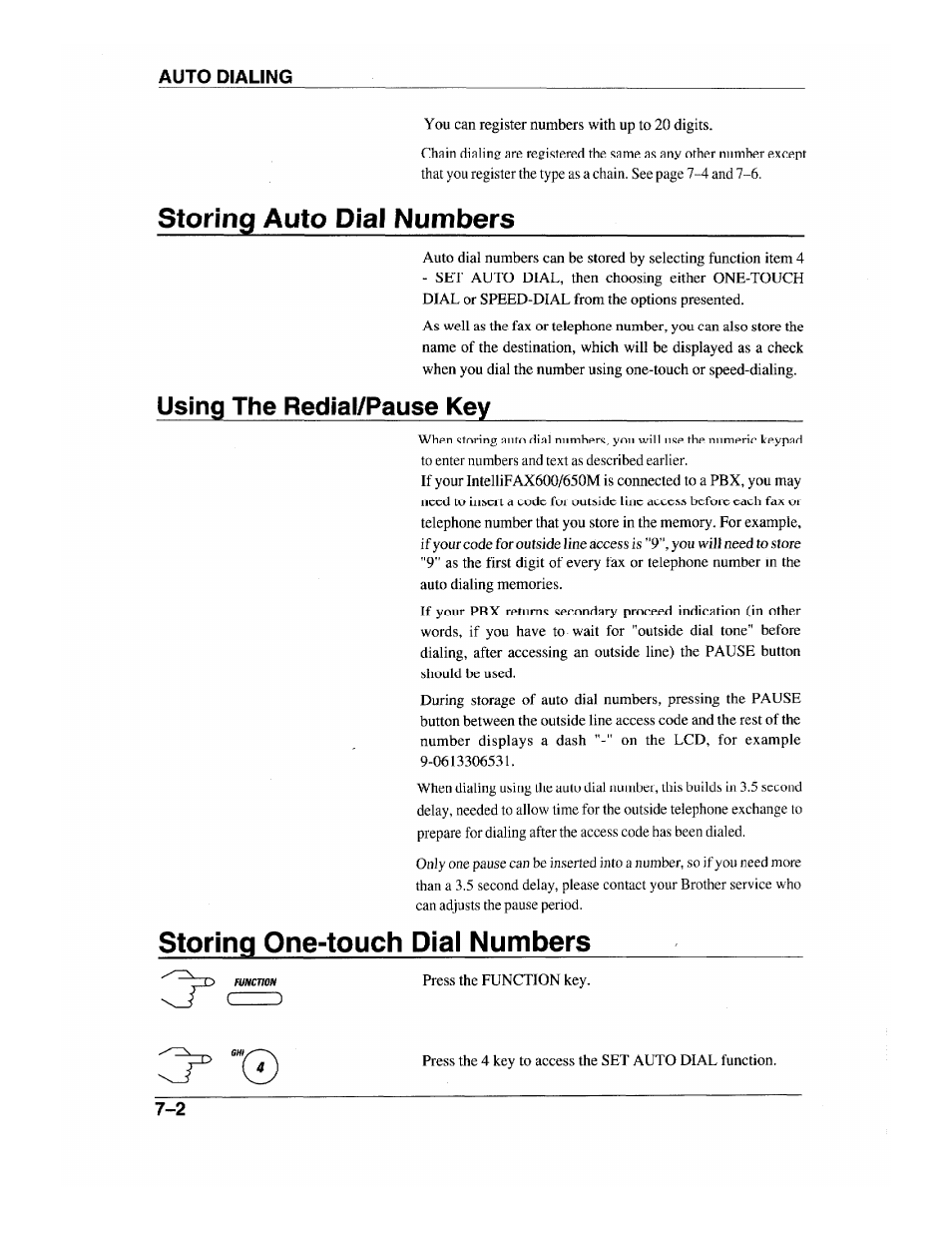 Storing auto dial numbers, Storing one-touch dial numbers, Storing auto dial numbers -2 | Storing one-touch dial numbers -2, Using the redial/pause key | Brother INTELLIFAX 600 User Manual | Page 64 / 122