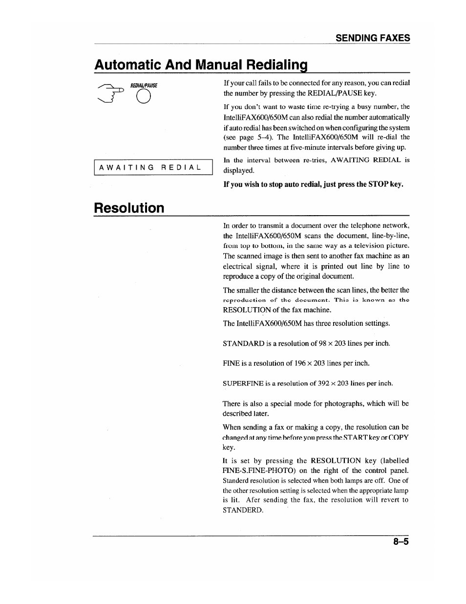 Automatic and manual redialing, Resolution, Automatic and manual redialing -5 | Resolution -5 | Brother INTELLIFAX 600 User Manual | Page 73 / 122