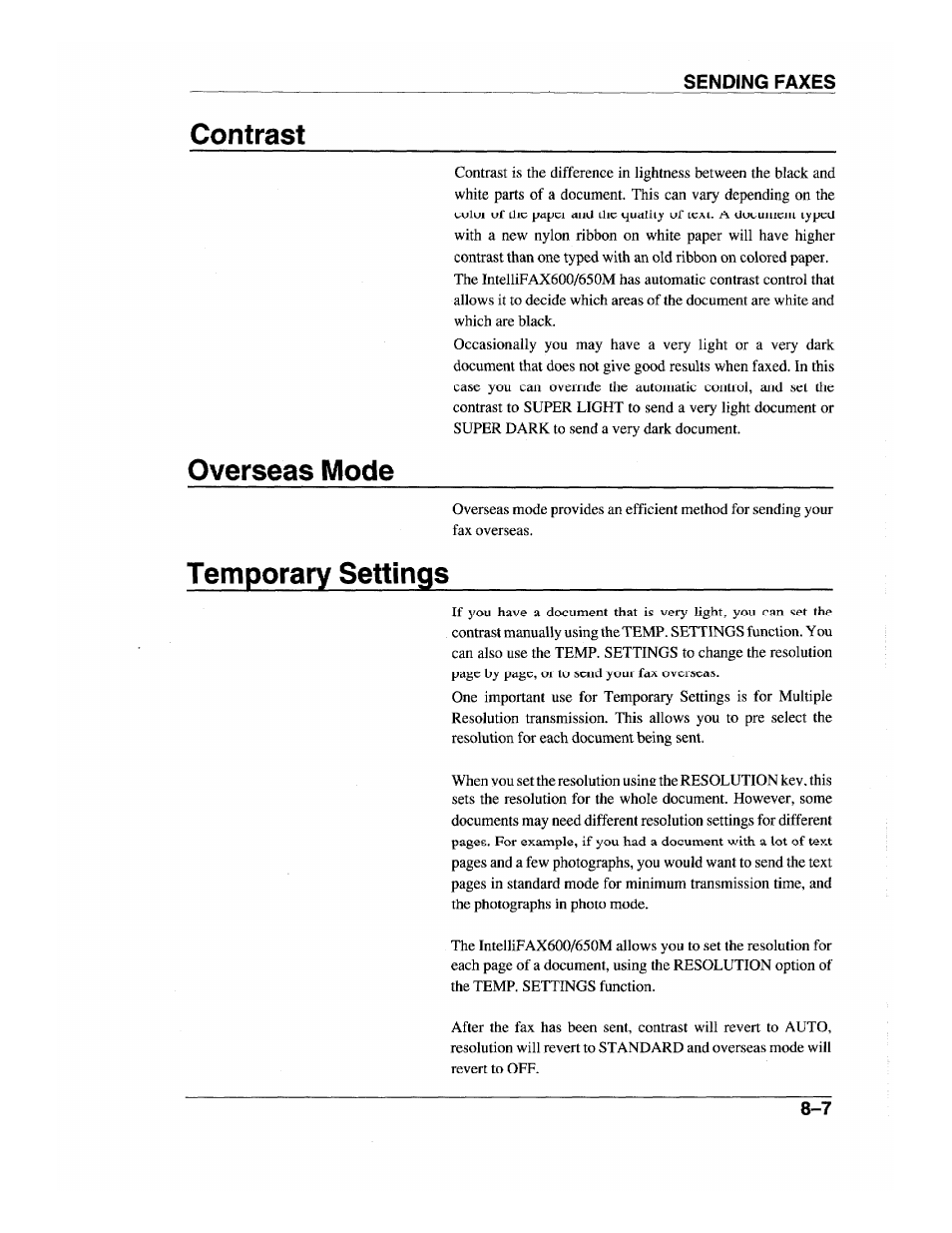 Contrast, Overseas mode, Temporary settings | Contrast -7, Overseas mode -7, Temporary settings -7 | Brother INTELLIFAX 600 User Manual | Page 75 / 122