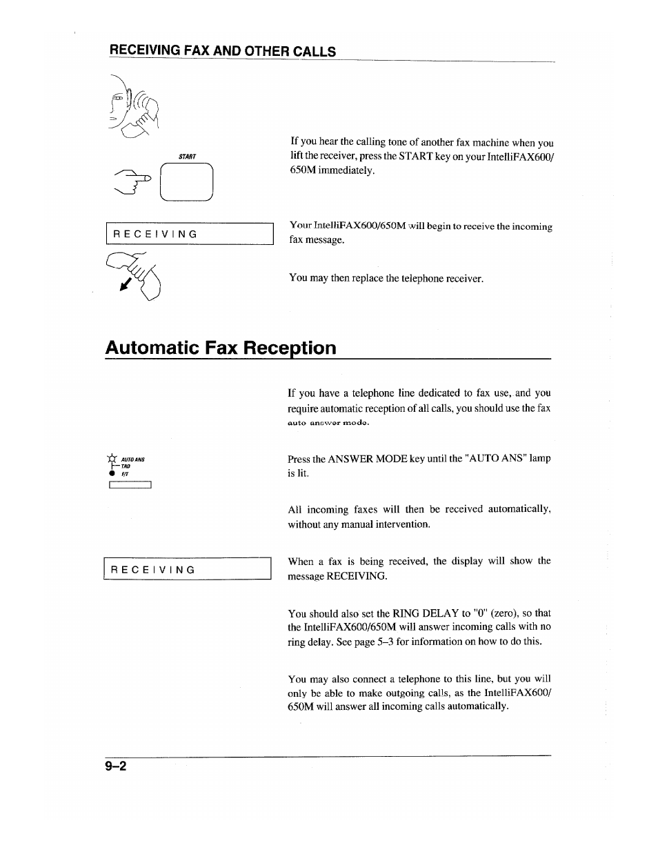 Automatic fax reception, Automatic fax reception -2, Receiving fax and other calls | Brother INTELLIFAX 600 User Manual | Page 86 / 122