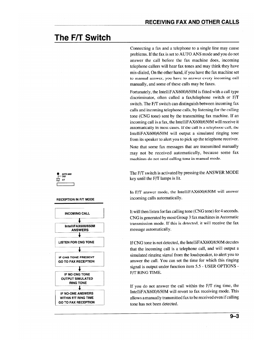 The f/t switch, The f/t switch -3, Receiving fax and other calls | Brother INTELLIFAX 600 User Manual | Page 87 / 122