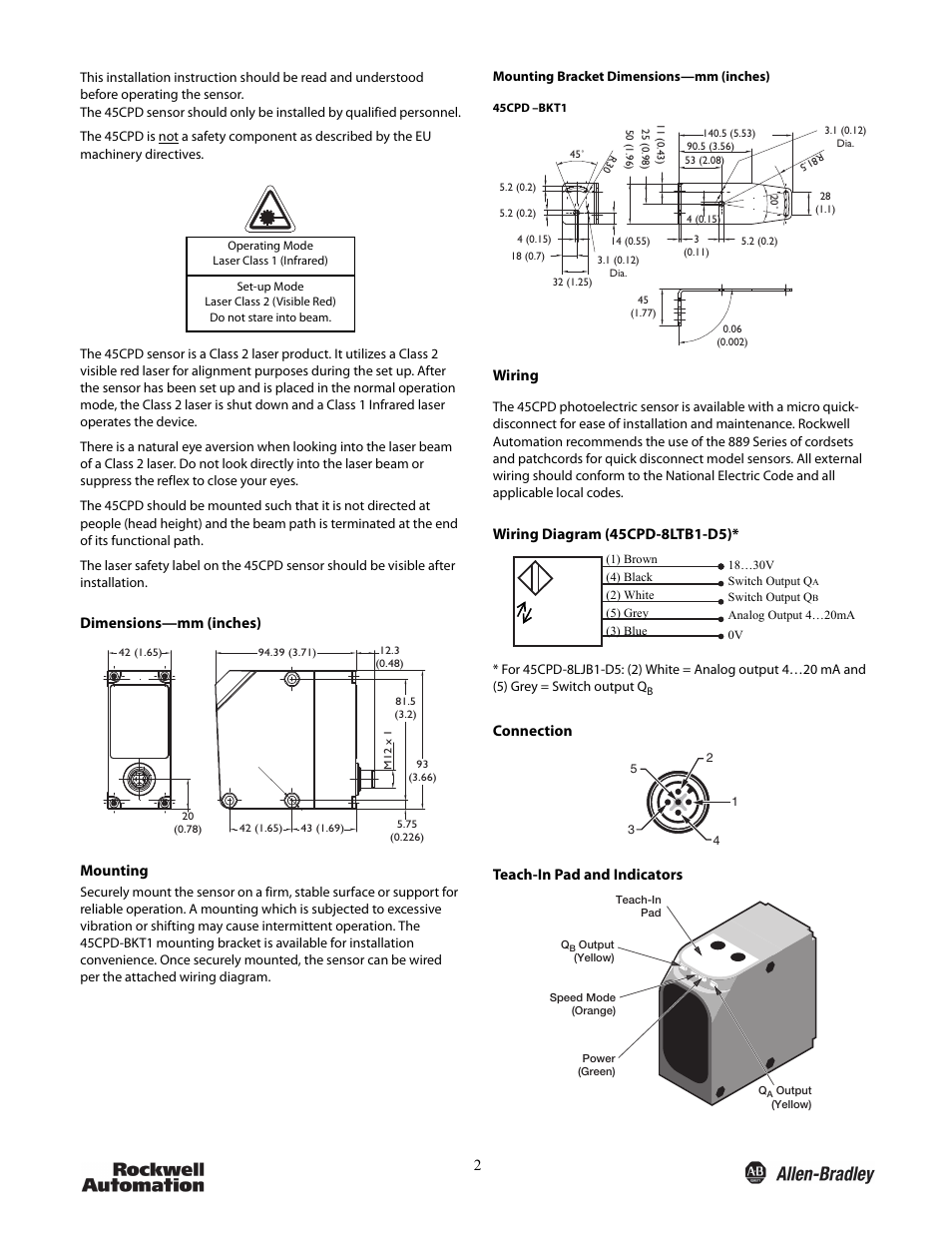 Dimensions—mm (inches) mounting, Wiring, Connection teach-in pad and indicators | Rockwell Automation 45CPD Analog Laser Sensor User Manual | Page 2 / 4