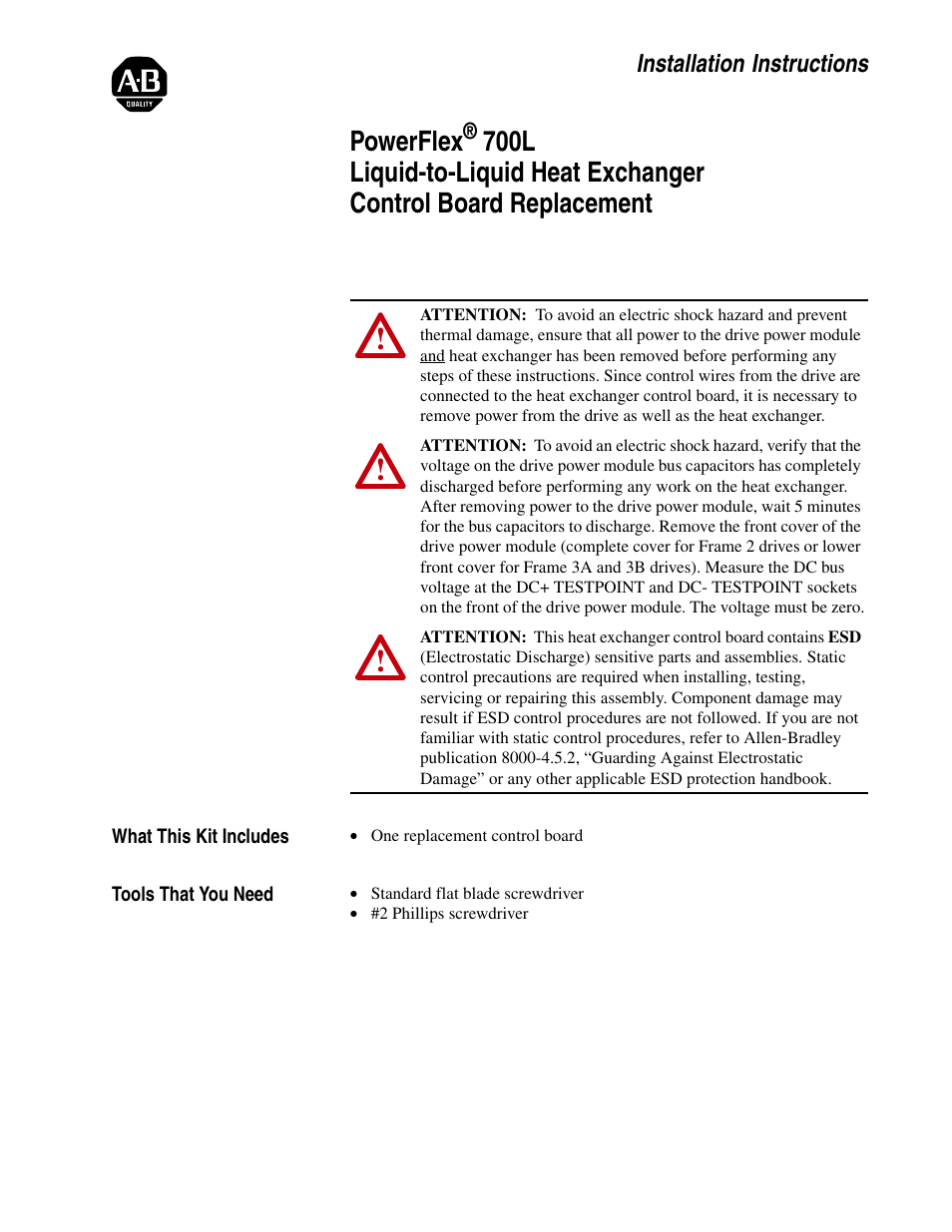 Rockwell Automation 20L-LL PowerFlex 700L Liquid-to-Liquid Heat Exchanger Control Board Replacement User Manual | 6 pages