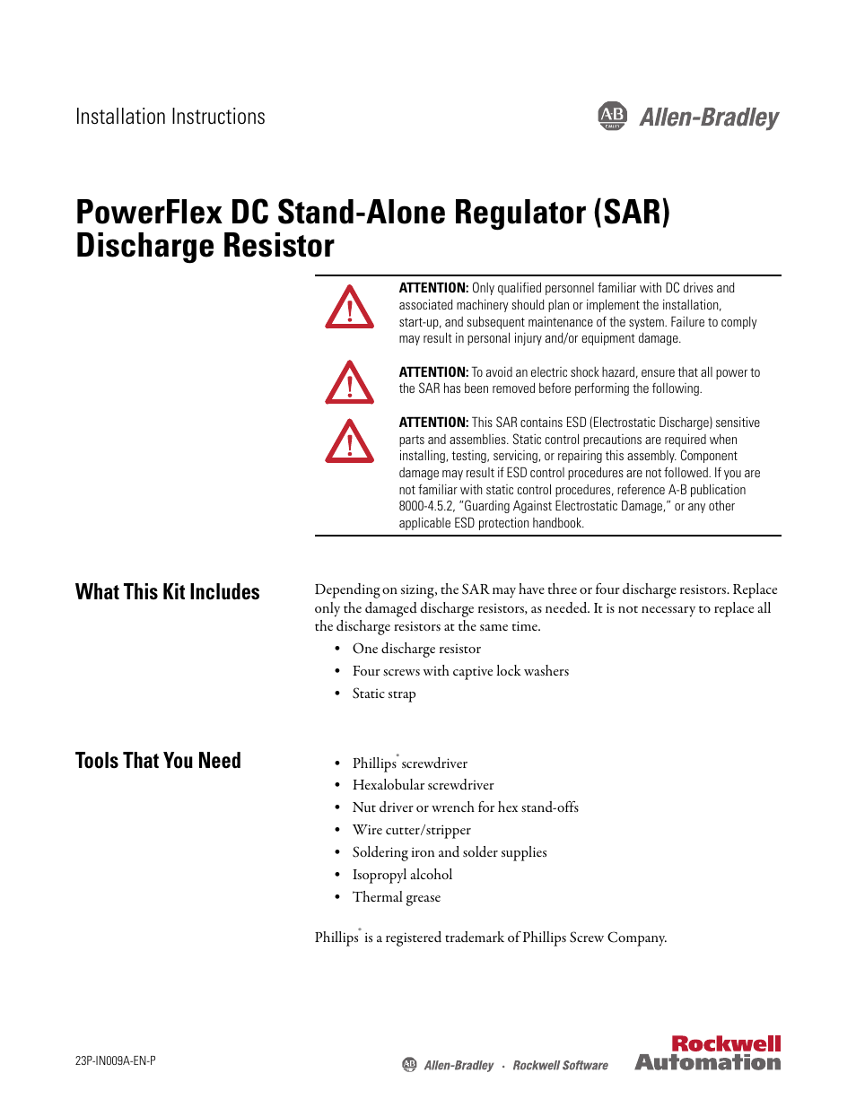 Rockwell Automation 23P PowerFlex DC Stand-Alone Regulator (SAR) Discharge Resistor User Manual | 10 pages