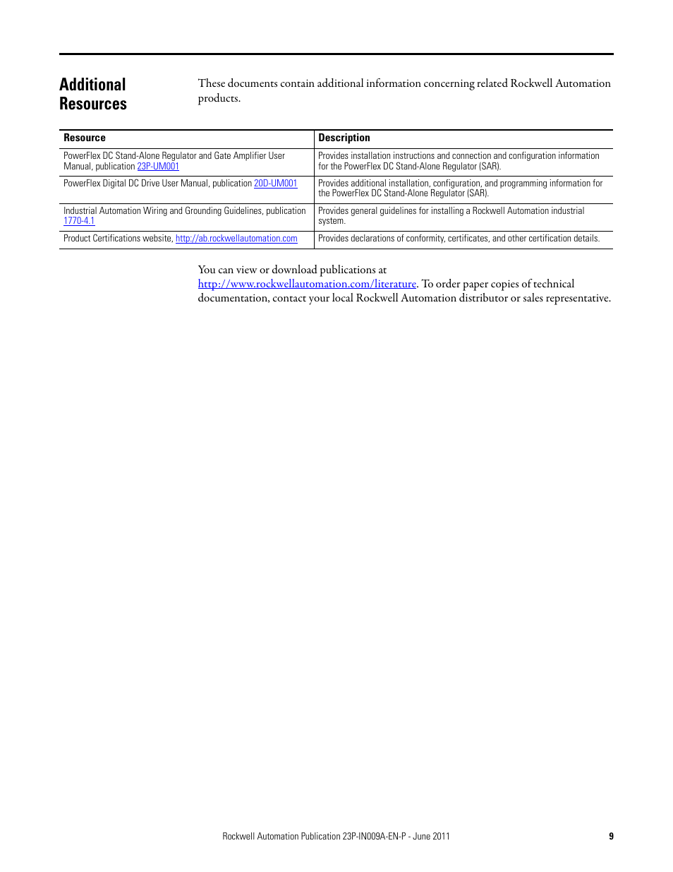 Additional resources | Rockwell Automation 23P PowerFlex DC Stand-Alone Regulator (SAR) Discharge Resistor User Manual | Page 9 / 10