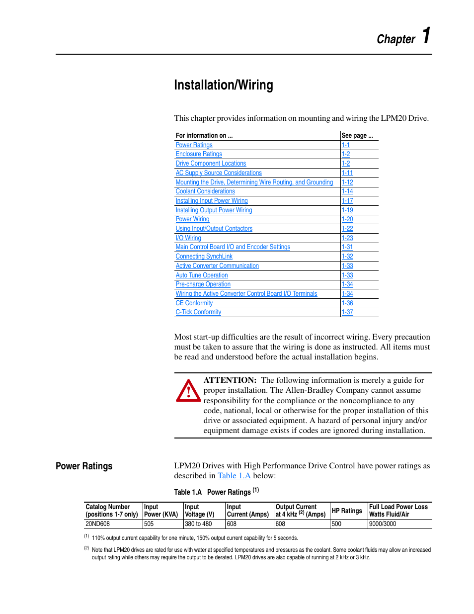 Chapter 1, Installation/wiring, Power ratings | Power ratings -1, Chapter | Rockwell Automation LPM20  Liquid-Cooled AC Drive with High Performance Drive Control User Manual | Page 13 / 92