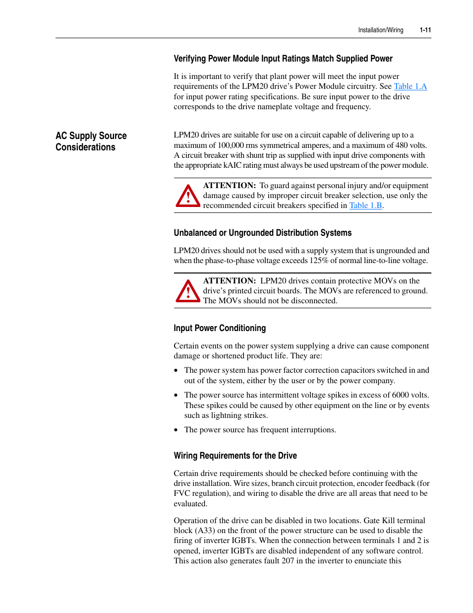 Ac supply source considerations, Unbalanced or ungrounded distribution systems, Input power conditioning | Wiring requirements for the drive, Ac supply source considerations -11 | Rockwell Automation LPM20  Liquid-Cooled AC Drive with High Performance Drive Control User Manual | Page 23 / 92