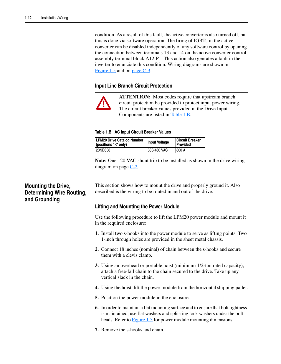 Input line branch circuit protection, Lifting and mounting the power module | Rockwell Automation LPM20  Liquid-Cooled AC Drive with High Performance Drive Control User Manual | Page 24 / 92