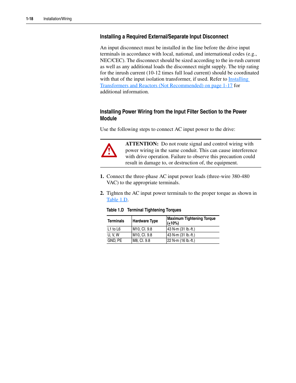 Table 1.d | Rockwell Automation LPM20  Liquid-Cooled AC Drive with High Performance Drive Control User Manual | Page 30 / 92