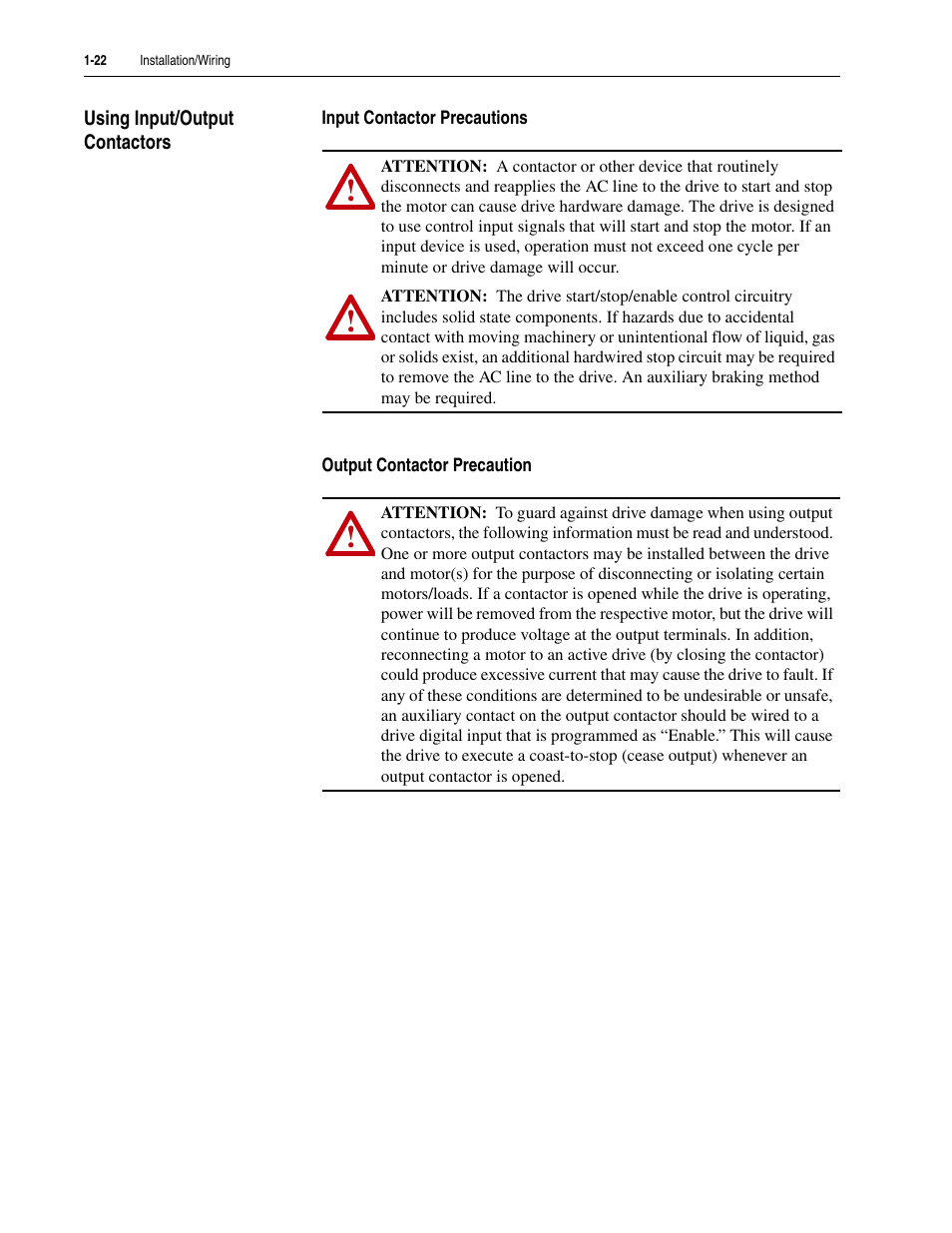 Using input/output contactors, Input contactor precautions, Output contactor precaution | Using input/output contactors -22 | Rockwell Automation LPM20  Liquid-Cooled AC Drive with High Performance Drive Control User Manual | Page 34 / 92