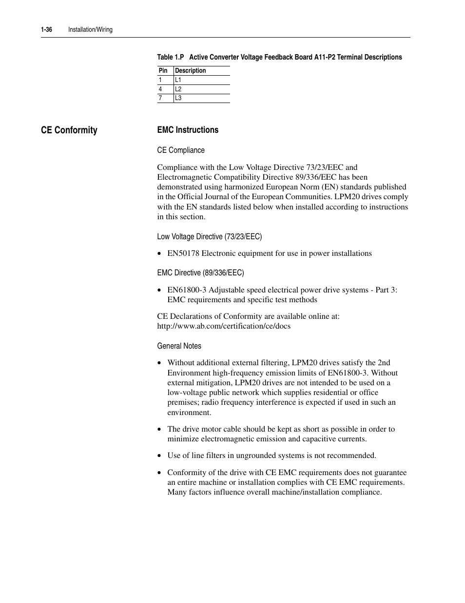 Ce conformity, Emc instructions, Ce conformity -36 | Rockwell Automation LPM20  Liquid-Cooled AC Drive with High Performance Drive Control User Manual | Page 48 / 92