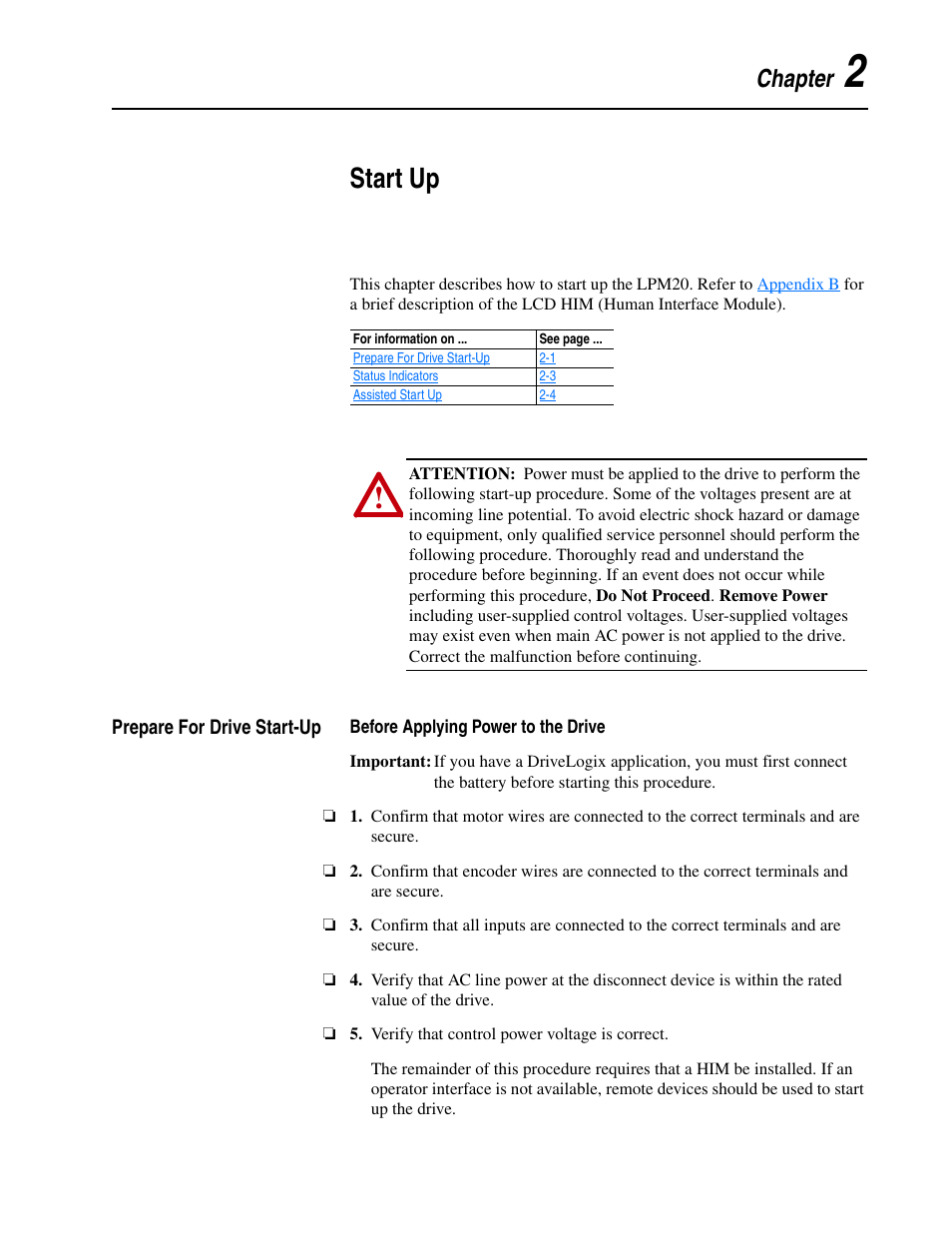Chapter 2, Start up, Prepare for drive start-up | Before applying power to the drive, Prepare for drive start-up -1 | Rockwell Automation LPM20  Liquid-Cooled AC Drive with High Performance Drive Control User Manual | Page 51 / 92