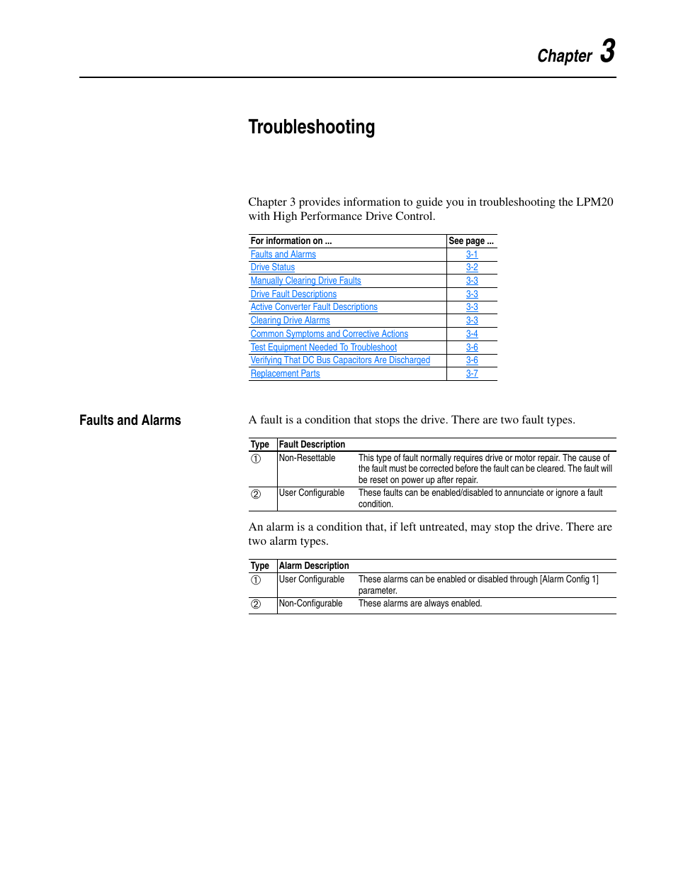 Chapter 3, Troubleshooting, Faults and alarms | Faults and alarms -1 | Rockwell Automation LPM20  Liquid-Cooled AC Drive with High Performance Drive Control User Manual | Page 55 / 92
