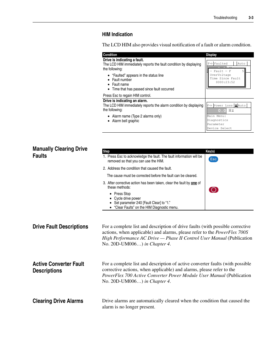 Him indication, Manually clearing drive faults, Drive fault descriptions | Active converter fault descriptions, Clearing drive alarms | Rockwell Automation LPM20  Liquid-Cooled AC Drive with High Performance Drive Control User Manual | Page 57 / 92