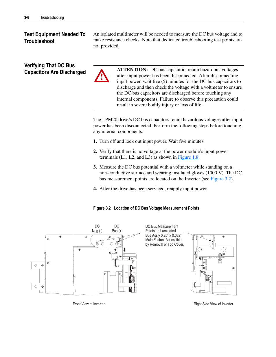Test equipment needed to troubleshoot, Verifying that dc bus capacitors are discharged | Rockwell Automation LPM20  Liquid-Cooled AC Drive with High Performance Drive Control User Manual | Page 60 / 92