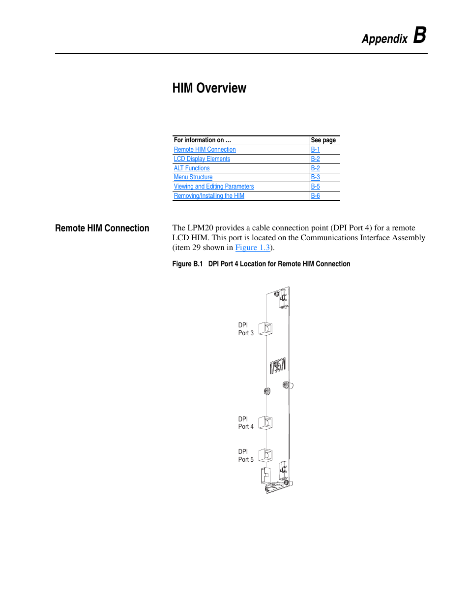 Appendix b, Him overview, Remote him connection | Rockwell Automation LPM20  Liquid-Cooled AC Drive with High Performance Drive Control User Manual | Page 69 / 92