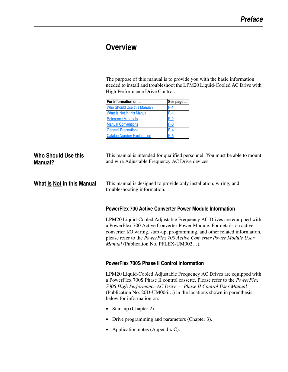 Preface, Overview, Who should use this manual | What is not in this manual, Powerflex 700s phase ii control information | Rockwell Automation LPM20  Liquid-Cooled AC Drive with High Performance Drive Control User Manual | Page 7 / 92