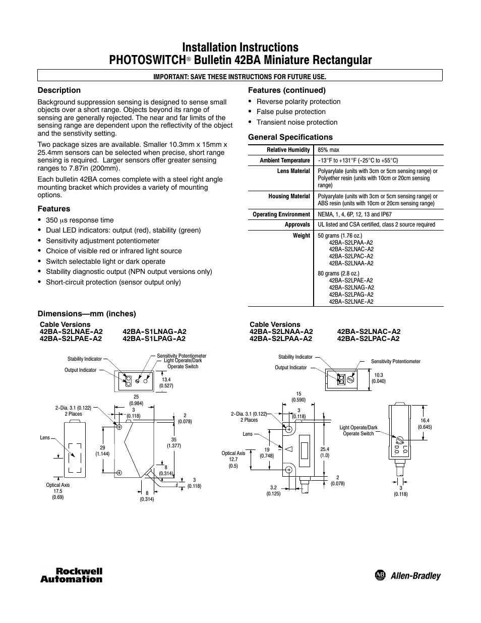 Rockwell Automation 42BA Miniature Rectangular User Manual | 2 pages