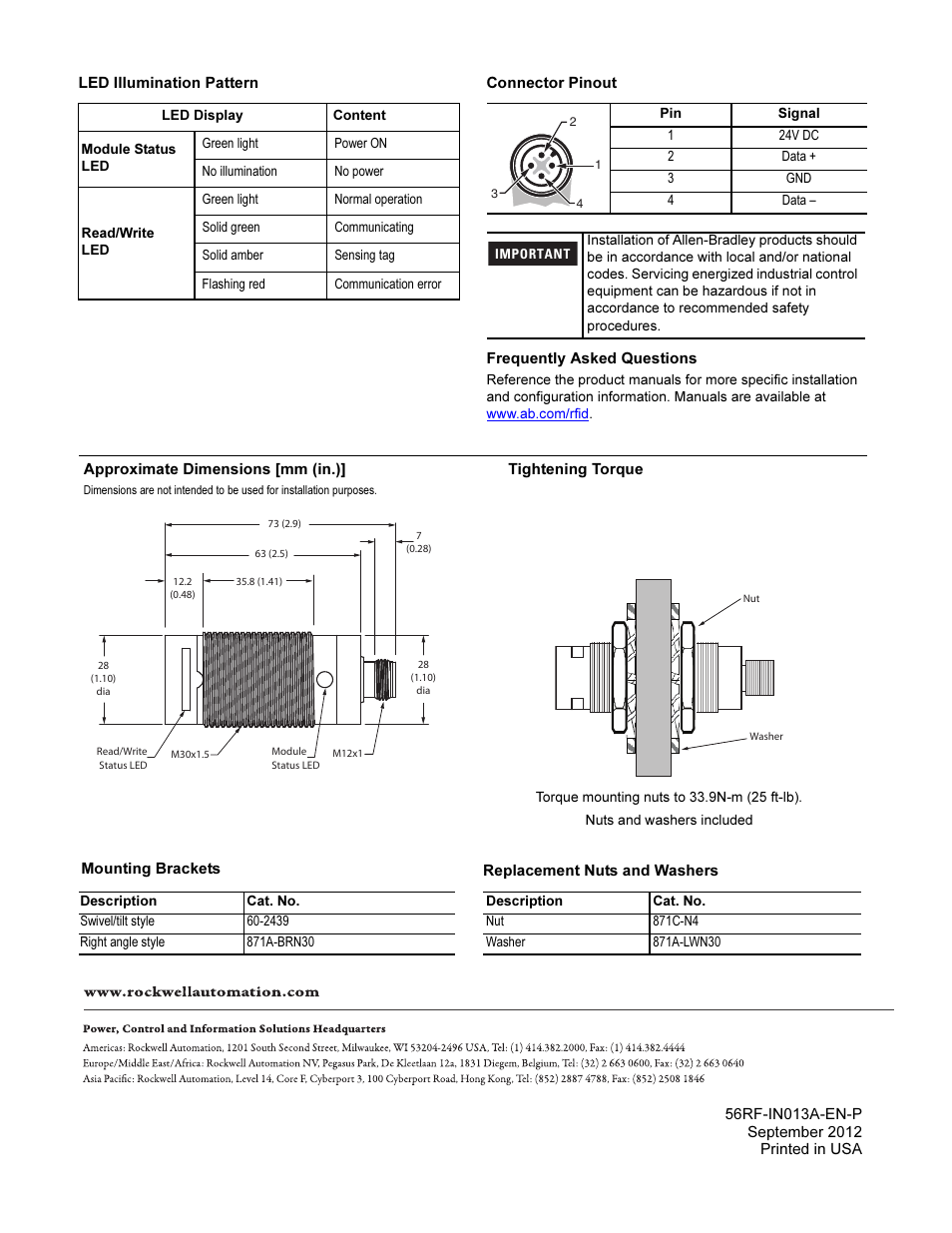 Led illumination pattern, Connector pinout, Frequently asked questions | Approximate dimensions [mm (in.), Mounting brackets, Replacement nuts and washers | Rockwell Automation 56RF RFID 30 mm Cylindrical Transceiver User Manual | Page 2 / 2