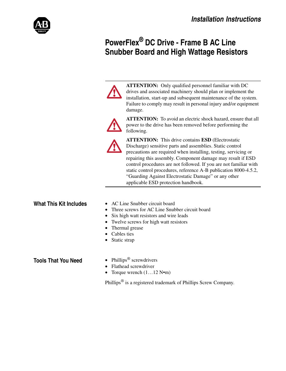 Rockwell Automation 20P PowerFlex DC Drive - Frame B AC Line Snubber Board and High Wattage Resistors User Manual | 18 pages