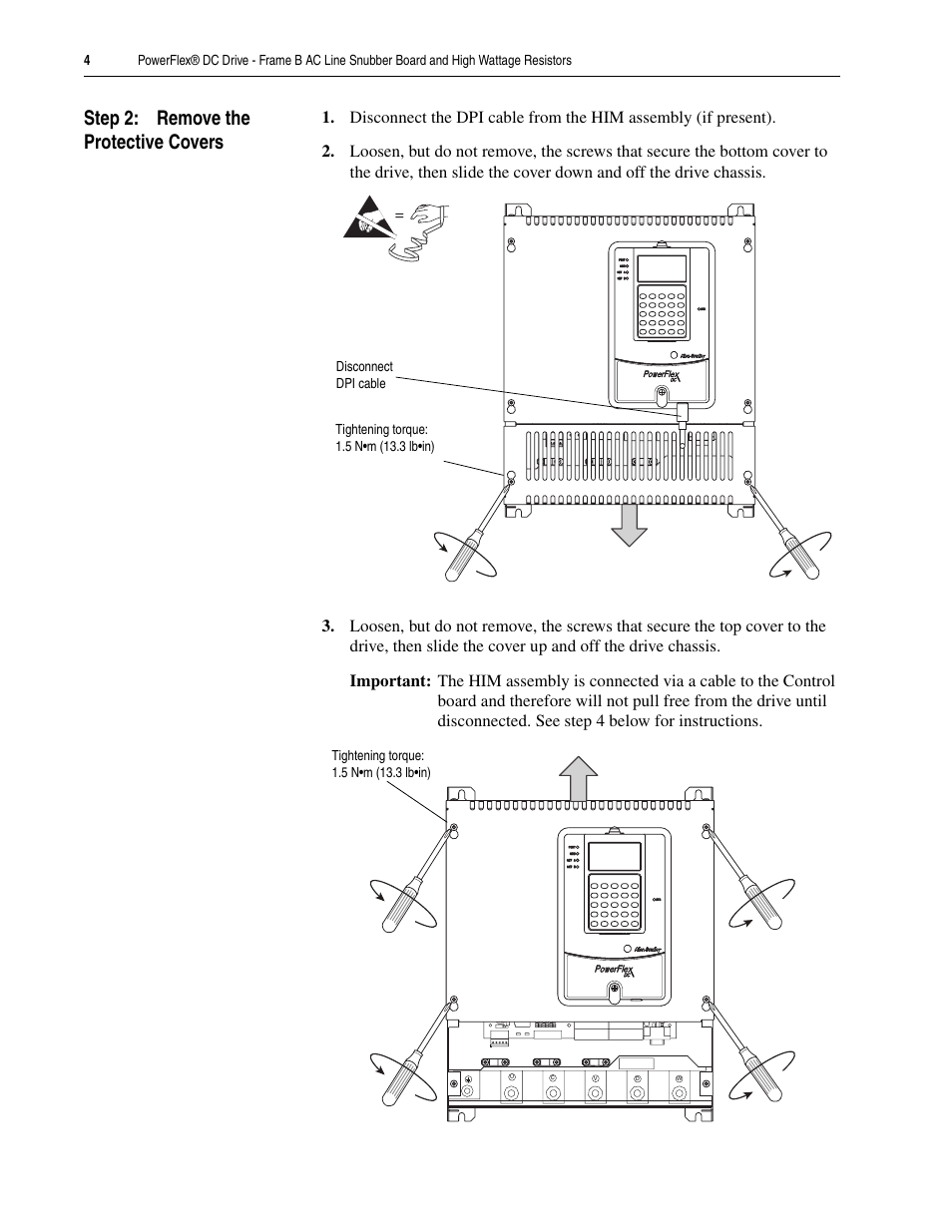 Step 2: remove the protective covers | Rockwell Automation 20P PowerFlex DC Drive - Frame B AC Line Snubber Board and High Wattage Resistors User Manual | Page 4 / 18