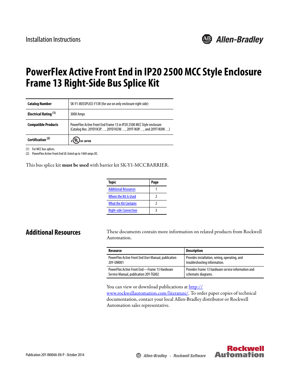 Rockwell Automation 20Y PowerFlex Active Front End in IP20 2500 Encl. Fr. 13 Right-Side Bus Splice Kit User Manual | 6 pages