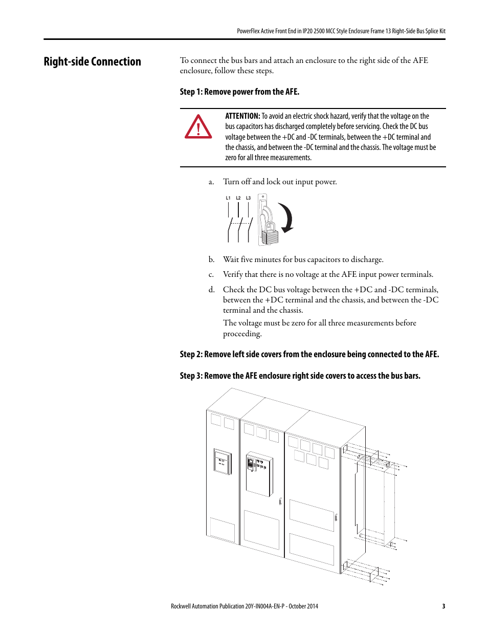 Right-side connection, Step 1: remove power from the afe | Rockwell Automation 20Y PowerFlex Active Front End in IP20 2500 Encl. Fr. 13 Right-Side Bus Splice Kit User Manual | Page 3 / 6