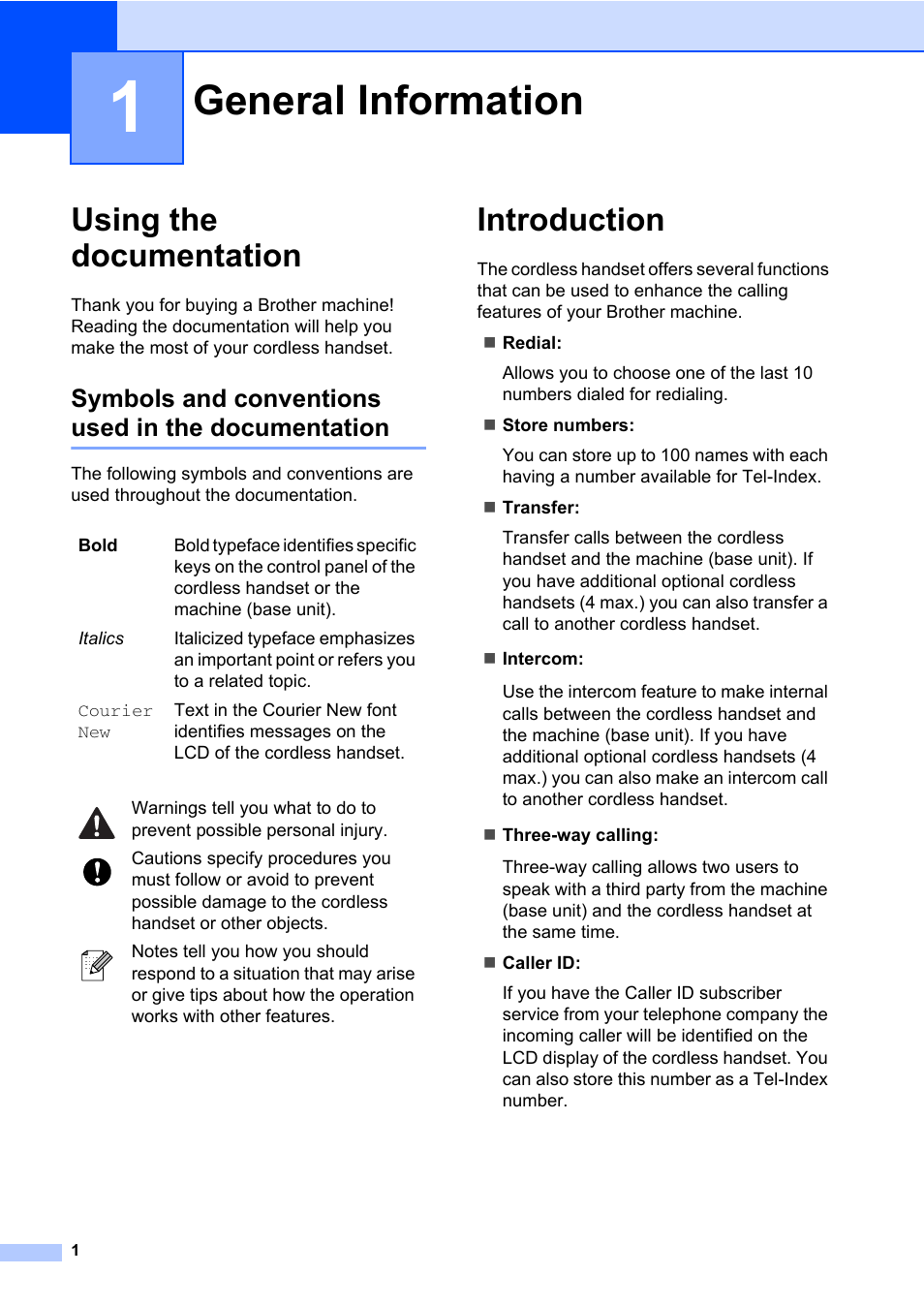 1 general information, Using the documentation, Symbols and conventions used in the documentation | Introduction, General information | Brother BCL-D60 User Manual | Page 12 / 43