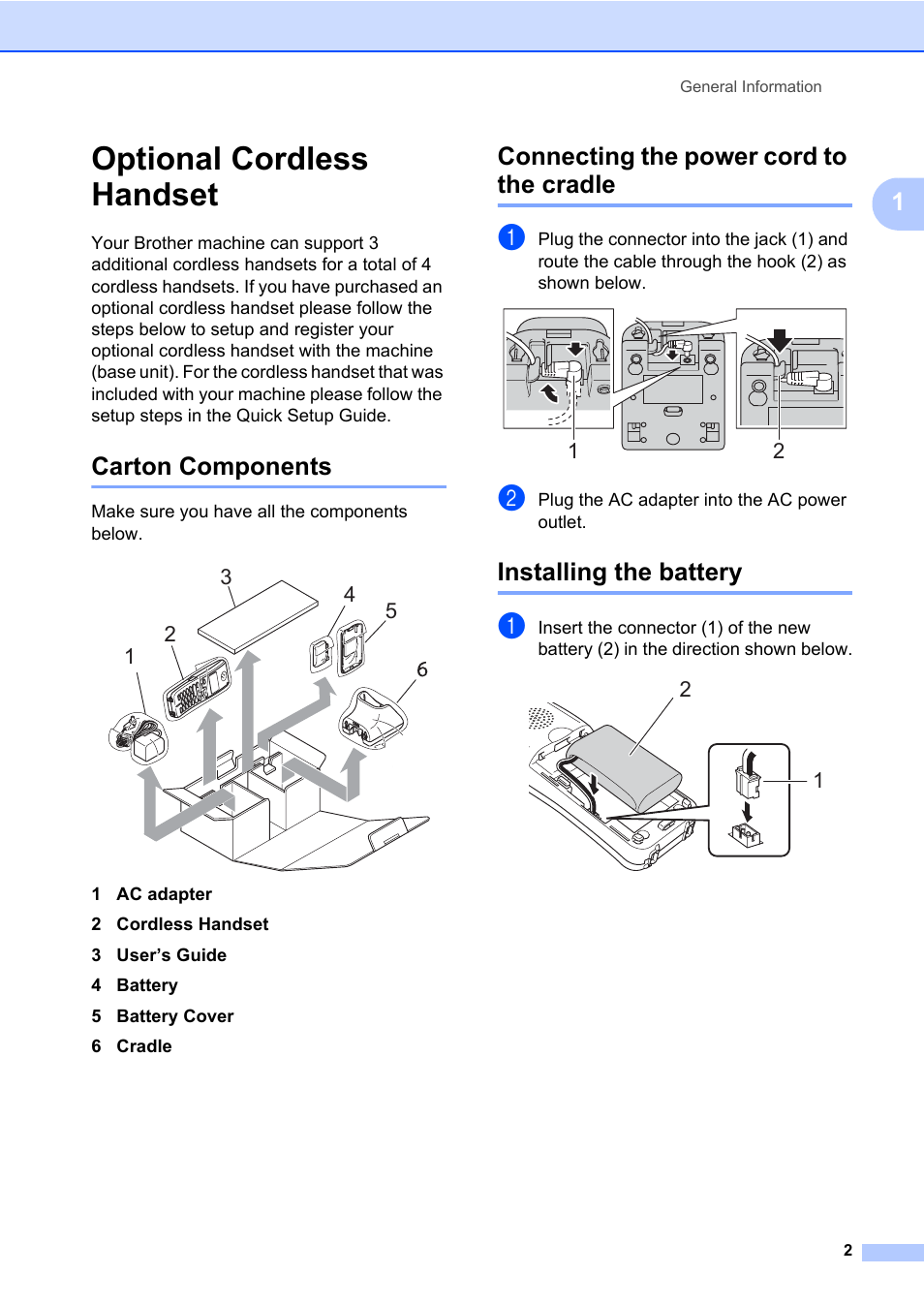 Optional cordless handset, Carton components, Connecting the power cord to the cradle | Installing the battery | Brother BCL-D60 User Manual | Page 13 / 43