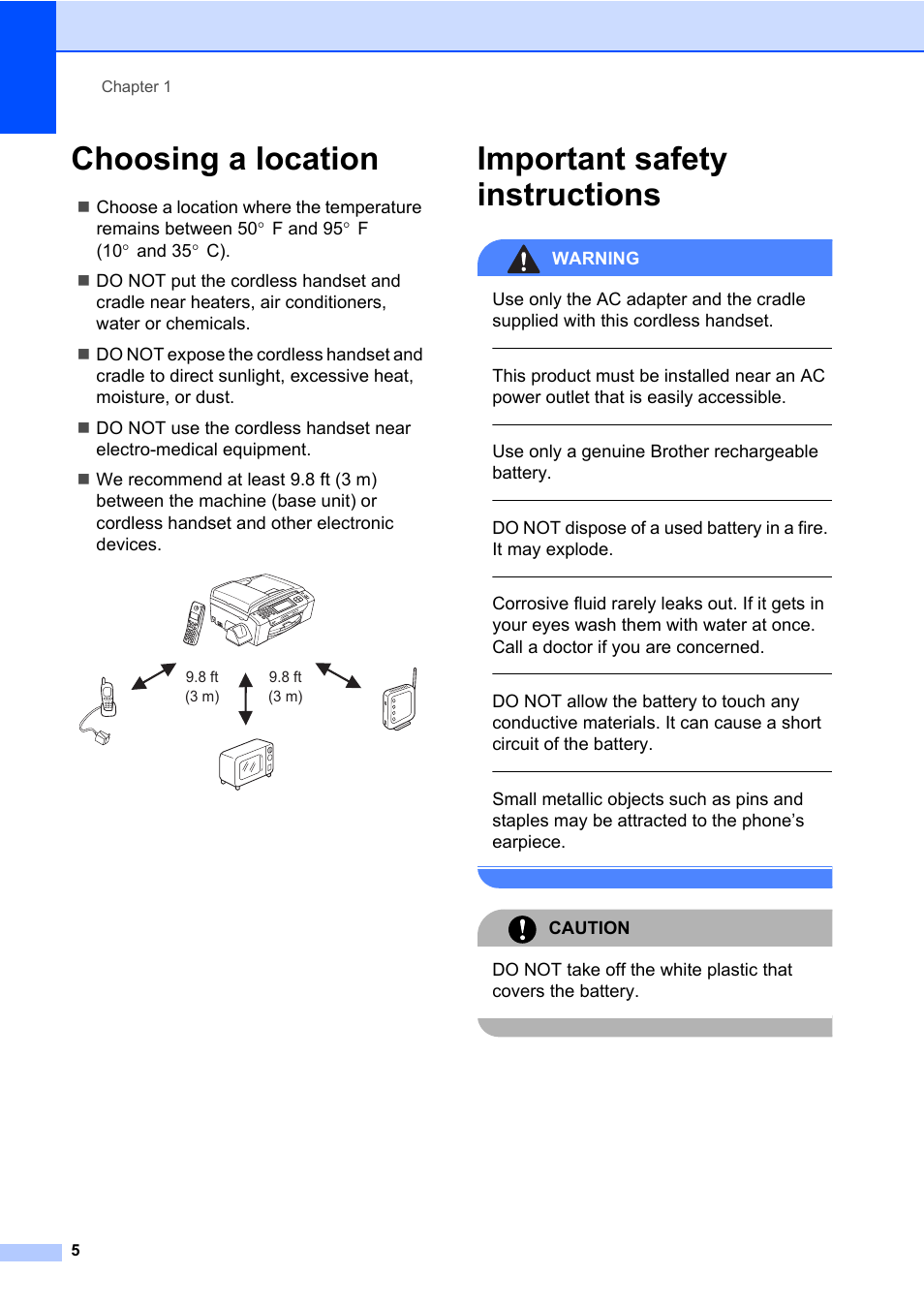 Choosing a location, Important safety instructions, Choosing a location important safety instructions | Warning, Use only a genuine brother rechargeable battery, Caution | Brother BCL-D60 User Manual | Page 16 / 43