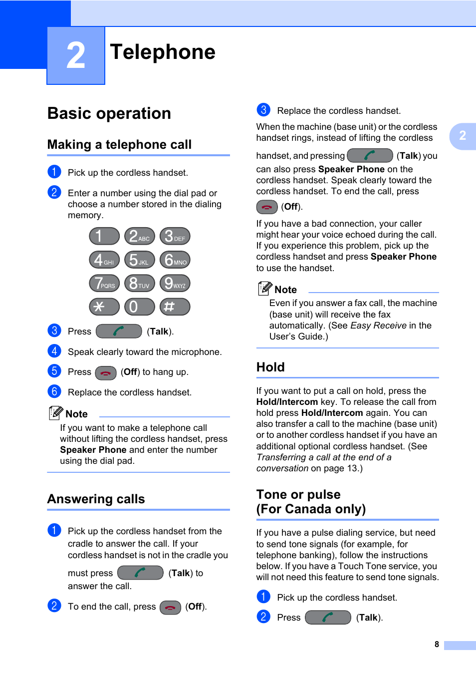 2 telephone, Basic operation, Making a telephone call | Answering calls, Hold, Tone or pulse (for canada only), Telephone | Brother BCL-D60 User Manual | Page 19 / 43