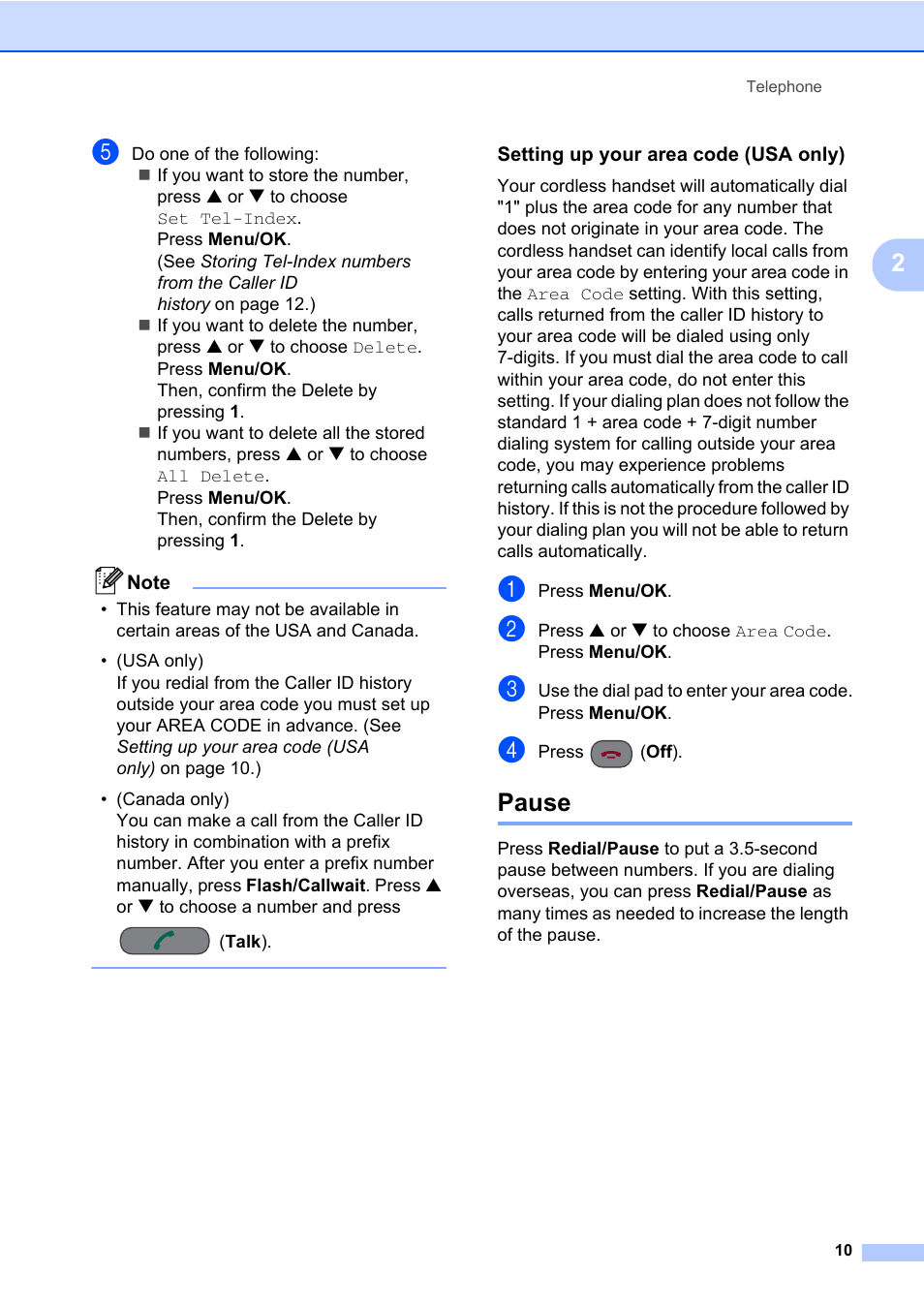 Setting up your area code (usa only), Pause | Brother BCL-D60 User Manual | Page 21 / 43