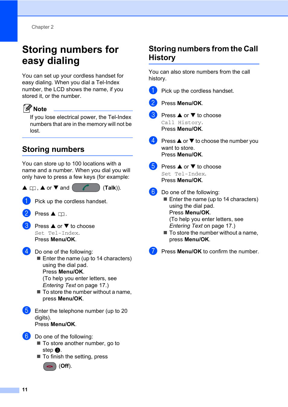 Storing numbers for easy dialing, Storing numbers, Storing numbers from the call history | Brother BCL-D60 User Manual | Page 22 / 43