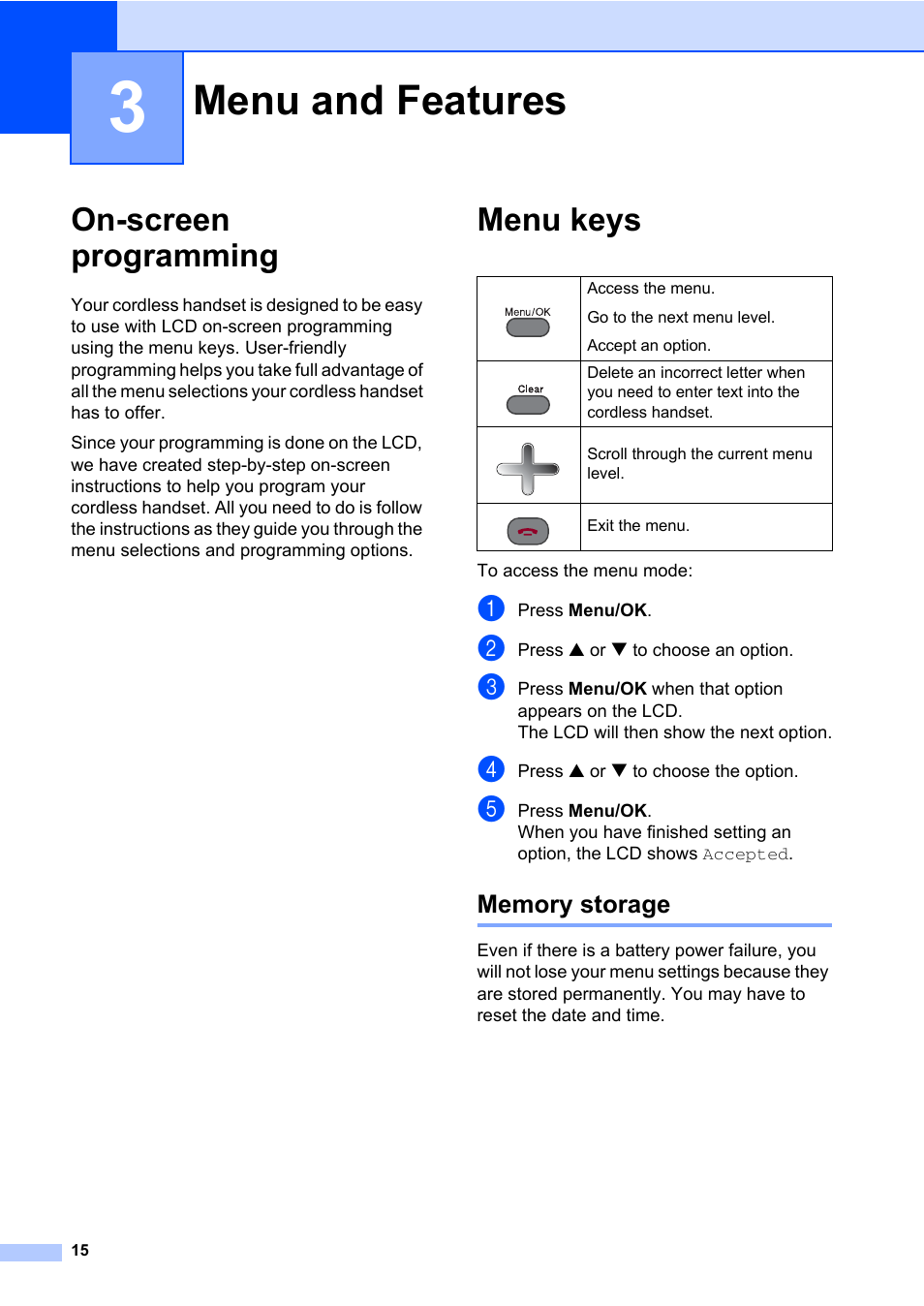 3 menu and features, On-screen programming, Menu keys | Memory storage, Menu and features, On-screen programming menu keys | Brother BCL-D60 User Manual | Page 26 / 43