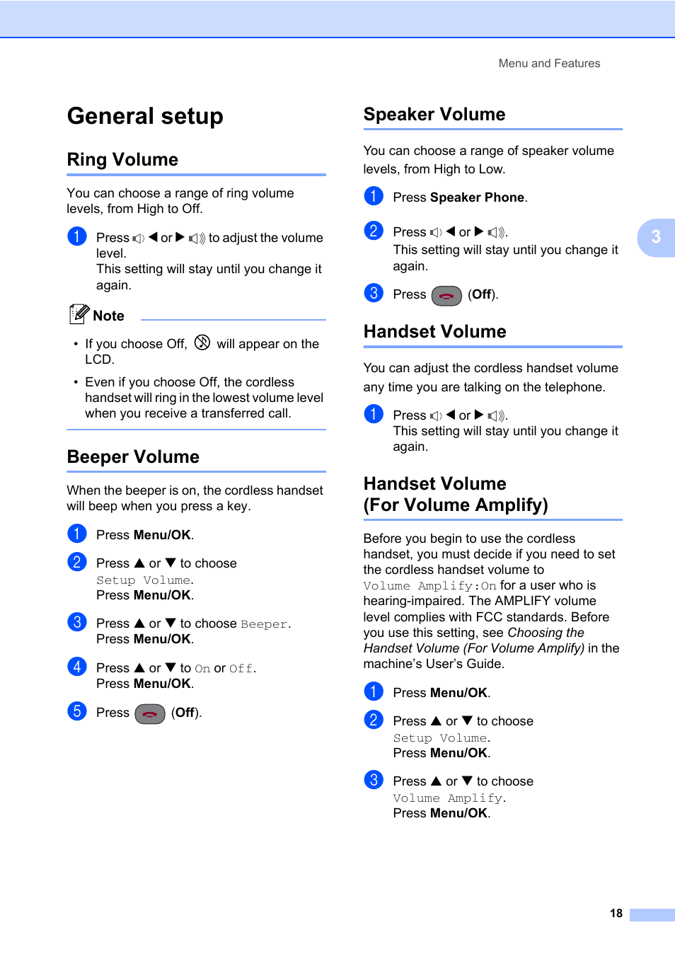 General setup, Ring volume, Beeper volume | Speaker volume, Handset volume, Handset volume (for volume amplify) | Brother BCL-D60 User Manual | Page 29 / 43