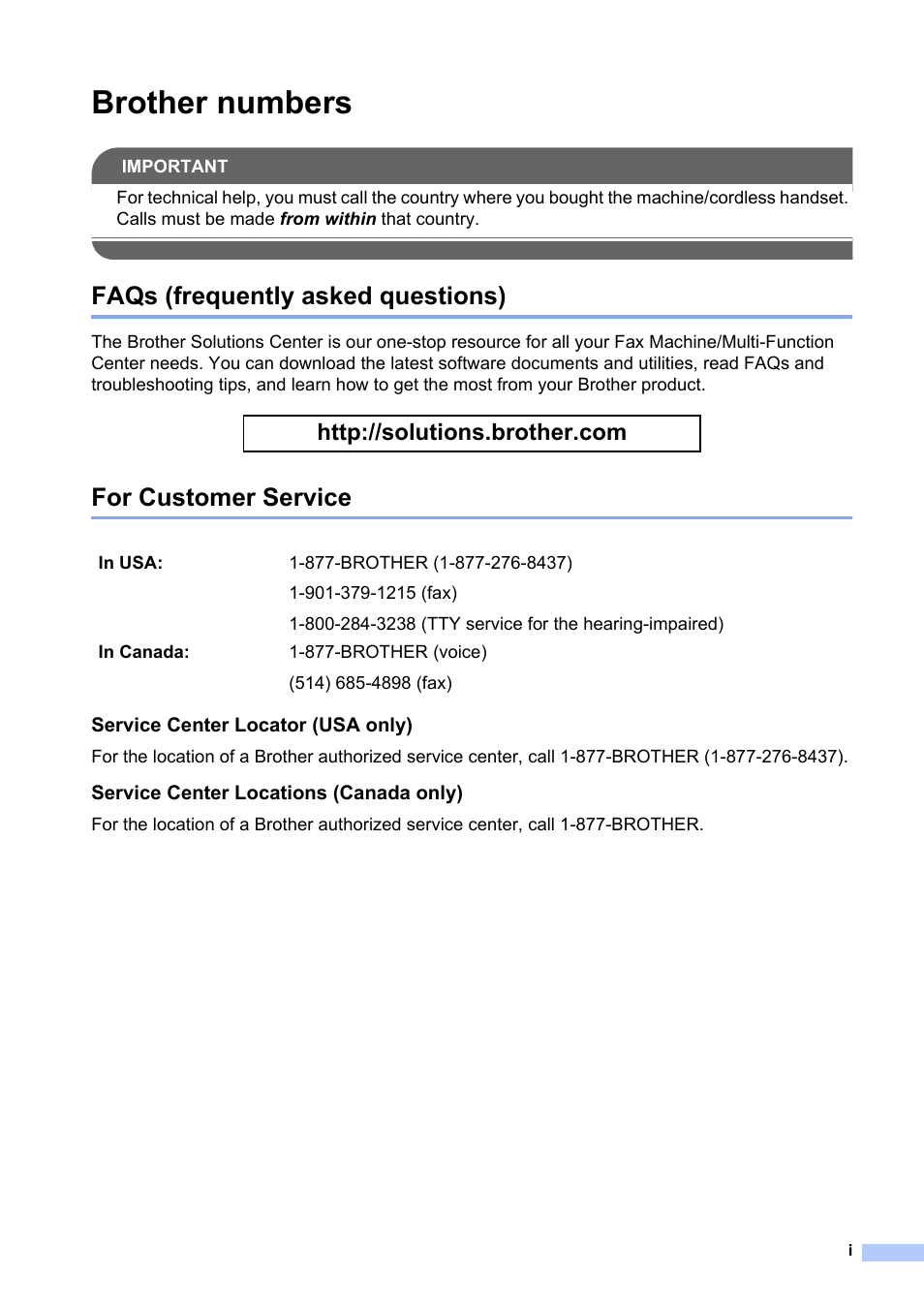 Brother numbers, Faqs (frequently asked questions), For customer service | Service center locator (usa only), Service center locations (canada only) | Brother BCL-D60 User Manual | Page 3 / 43