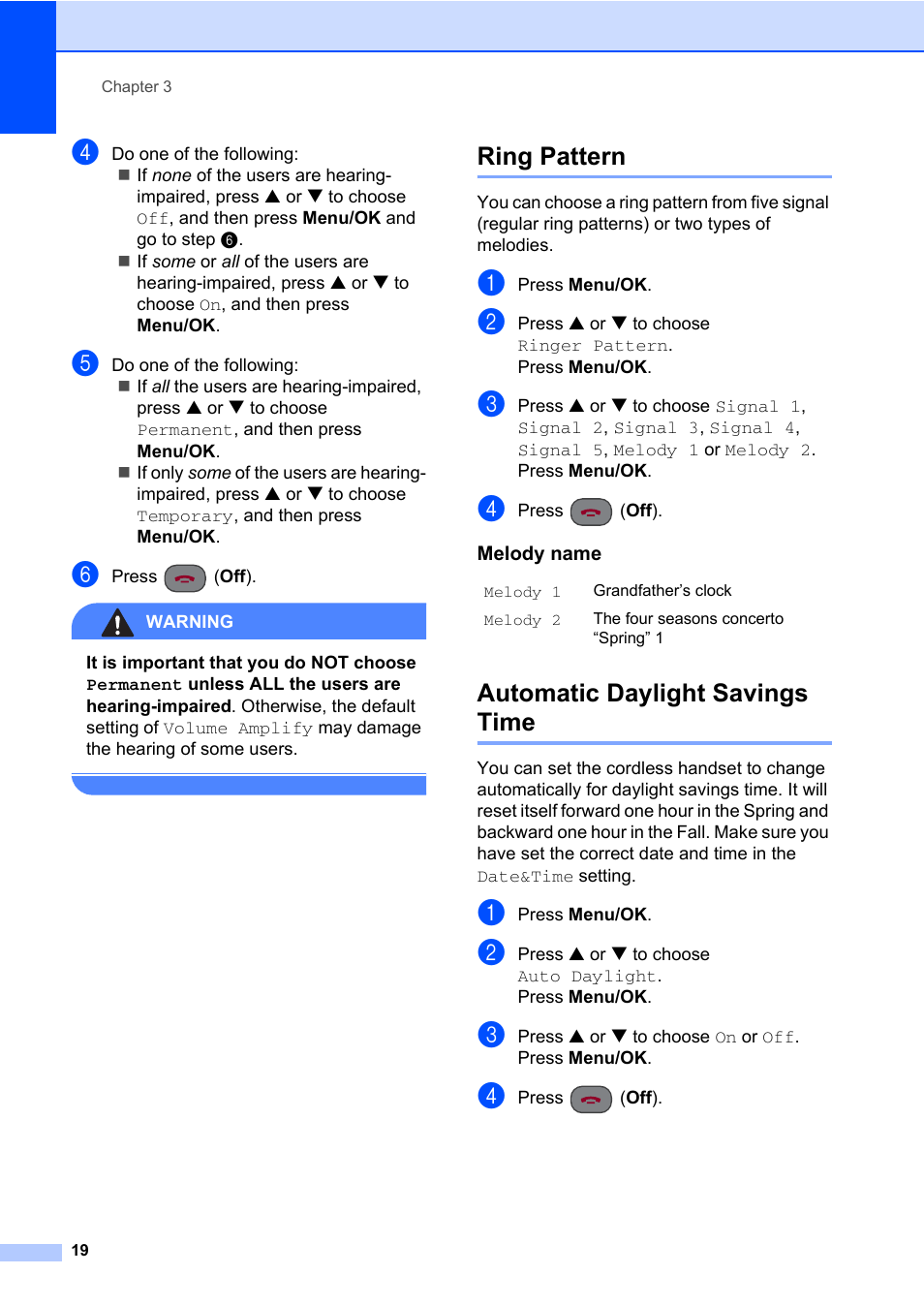 Ring pattern, Melody name, Automatic daylight savings time | Ring pattern automatic daylight savings time | Brother BCL-D60 User Manual | Page 30 / 43