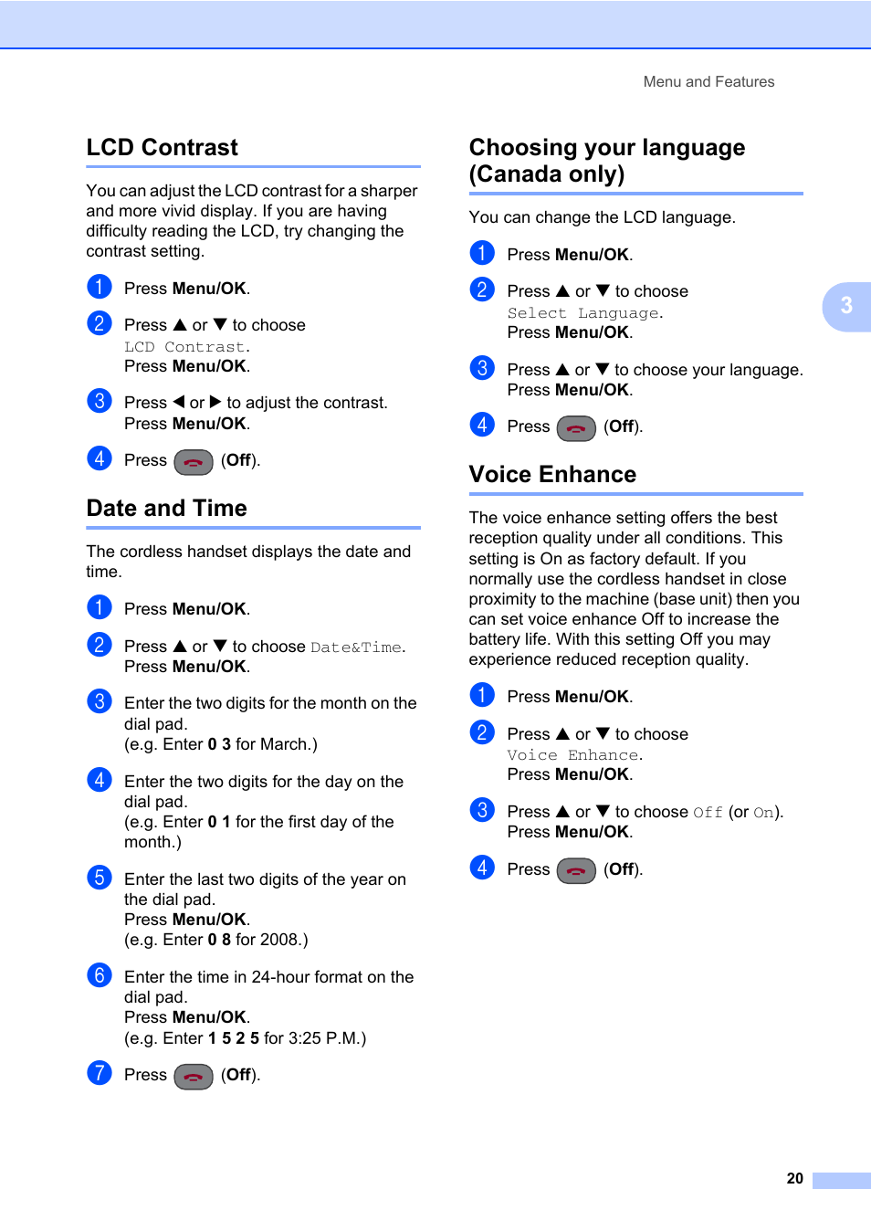 Lcd contrast, Date and time, Choosing your language (canada only) | Voice enhance, 3lcd contrast | Brother BCL-D60 User Manual | Page 31 / 43