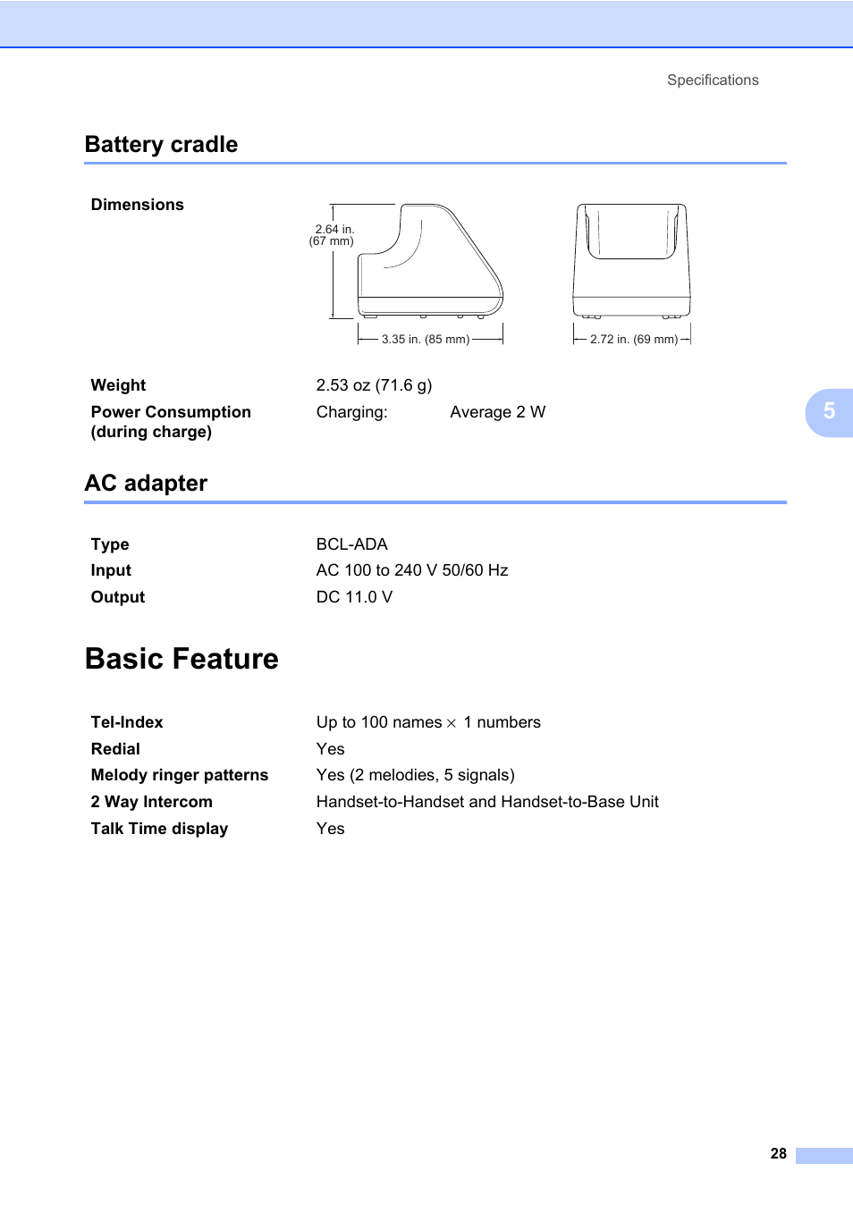 Battery cradle, Ac adapter, Basic feature | Battery cradle ac adapter, 5battery cradle | Brother BCL-D60 User Manual | Page 39 / 43