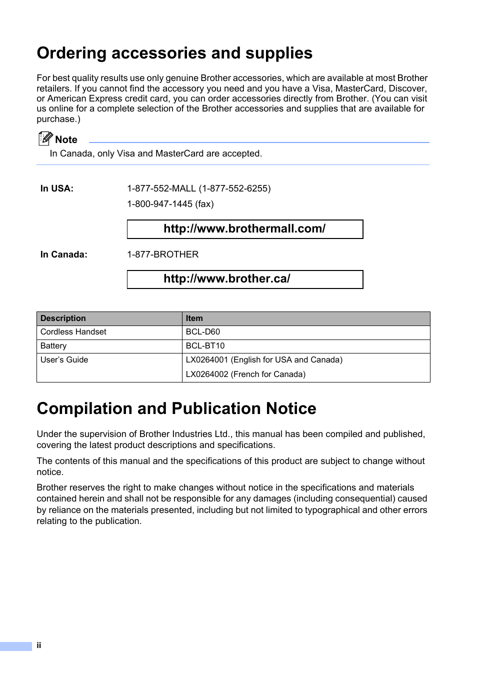 Ordering accessories and supplies, Compilation and publication notice | Brother BCL-D60 User Manual | Page 4 / 43