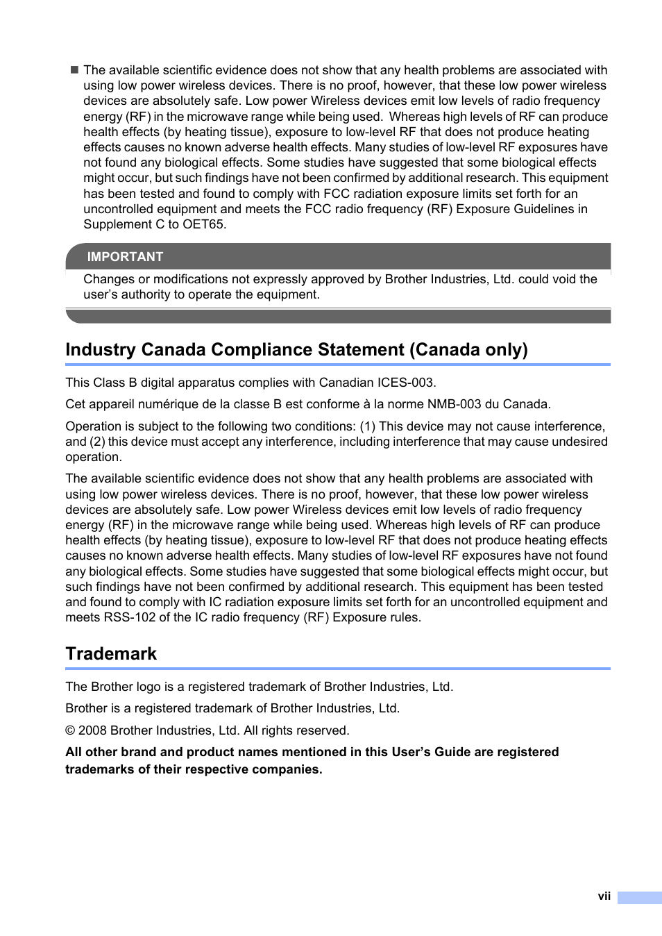 Industry canada compliance statement (canada only), Trademark | Brother BCL-D60 User Manual | Page 9 / 43