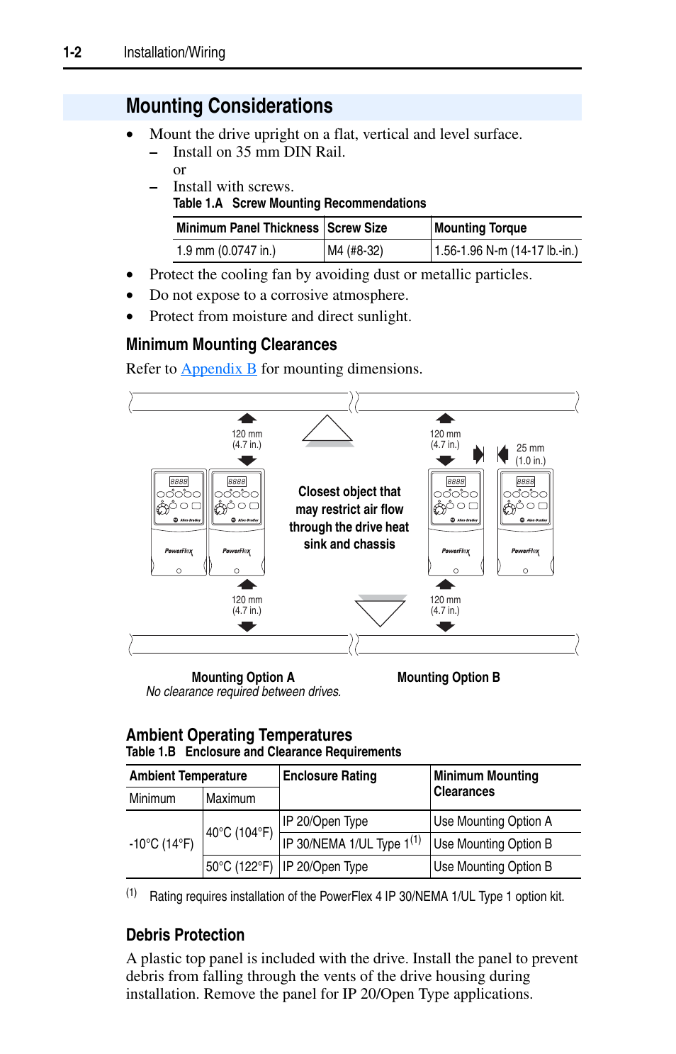 Mounting considerations, Mounting considerations -2, Minimum mounting clearances | Ambient operating temperatures, Debris protection | Rockwell Automation 22A PowerFlex 4 User Manual FRN 6.xx User Manual | Page 12 / 108