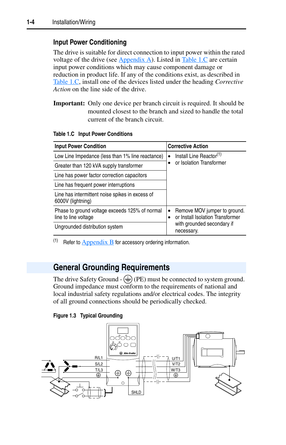 General grounding requirements, General grounding requirements -4, General grounding requirements 1-4 | Input power conditioning | Rockwell Automation 22A PowerFlex 4 User Manual FRN 6.xx User Manual | Page 14 / 108